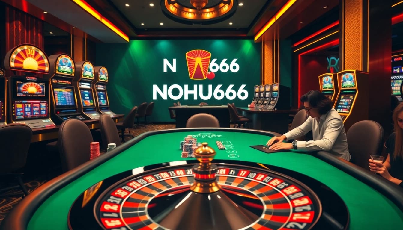 A dynamic scene of NOHU666 featuring vibrant slot machines and an engaging poker table, capturing the excitement of online gambling.