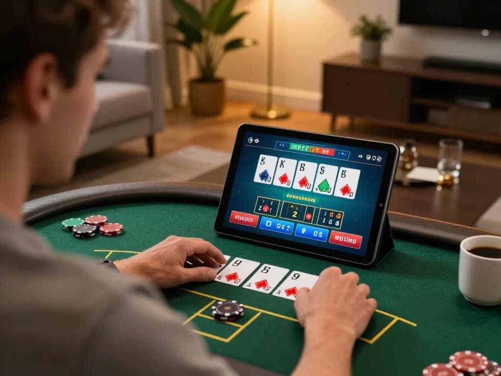 Cucu777 player engaging in online poker strategy using tablet in a cozy home environment