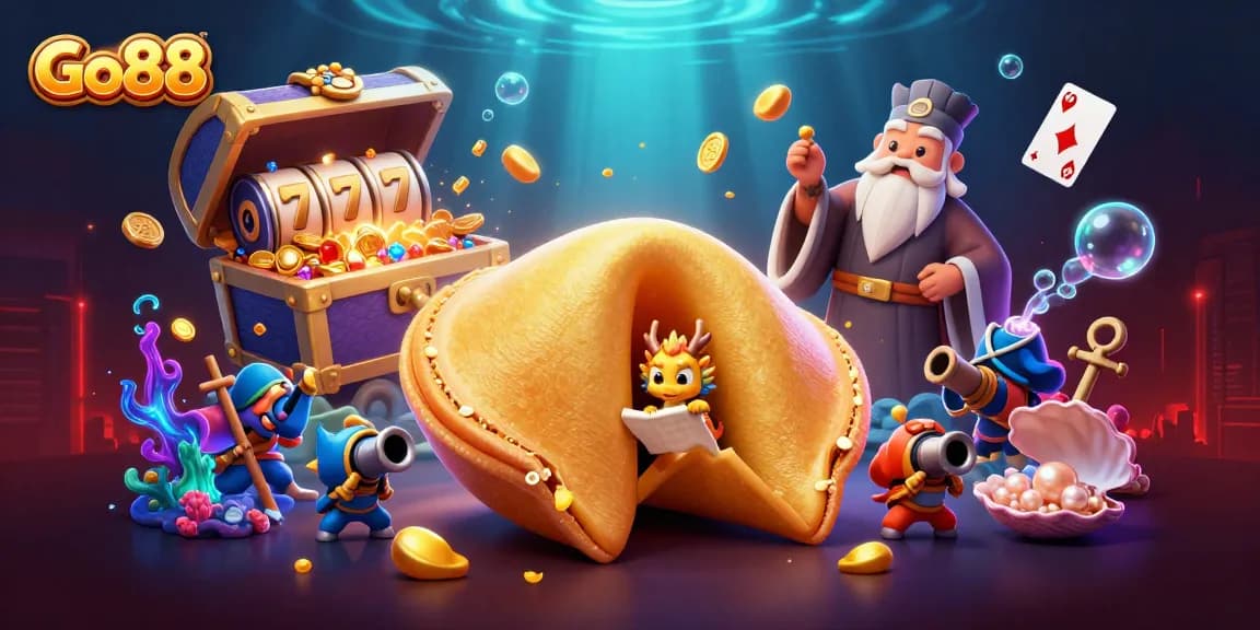 Engage in thrilling gambling adventures with Go88's dynamic 3D illustration featuring vibrant gaming elements.