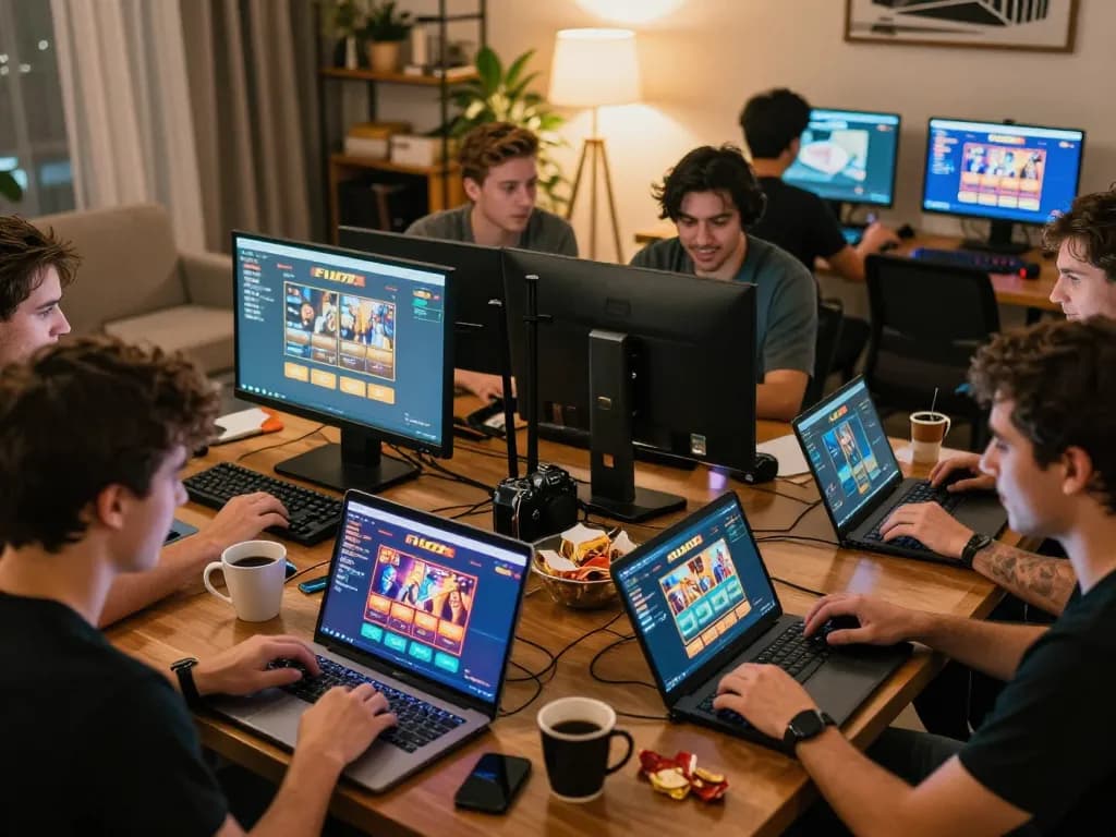 Players enjoying Fun79 online casino gaming on laptops, capturing strategic moments in a comfortable home setting.