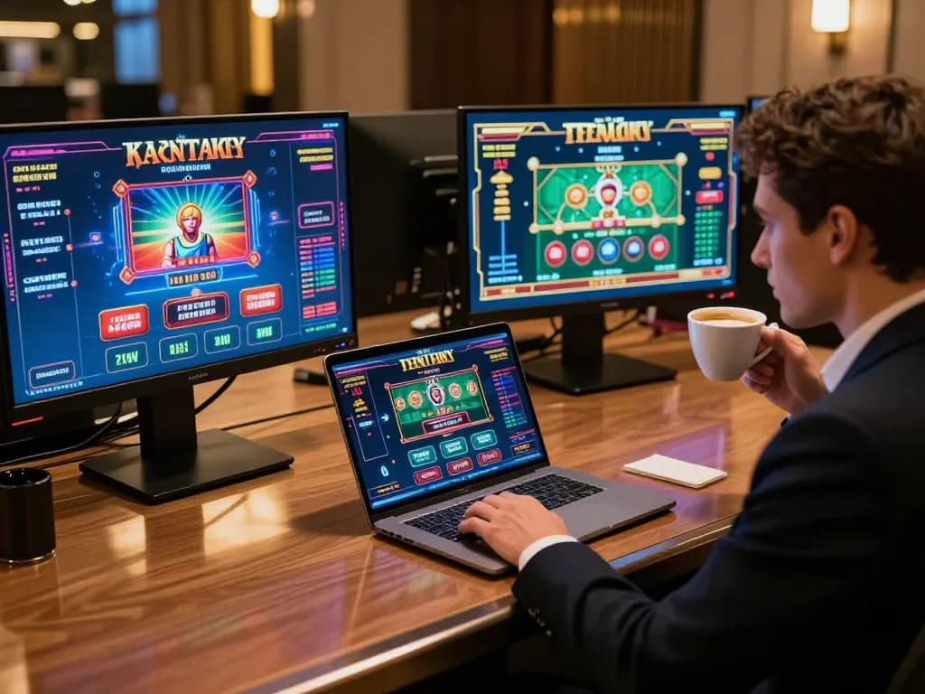 X88 user analyzing casino strategies on multiple screens in a professional gaming setup.