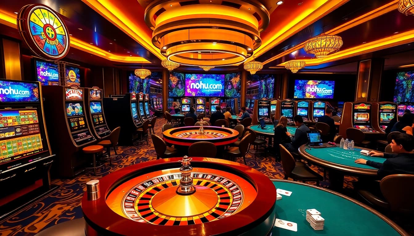 Play exciting games at nohu.com with vibrant slot machines and roulette wheels in a luxurious casino setting.