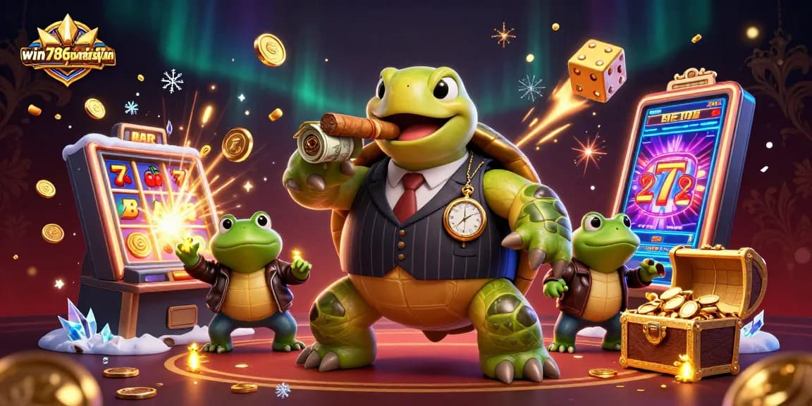 Engage with the thrilling world of win786parkistan through a vibrant casino scene featuring a massive snapping turtle and bullfrog enforcers.