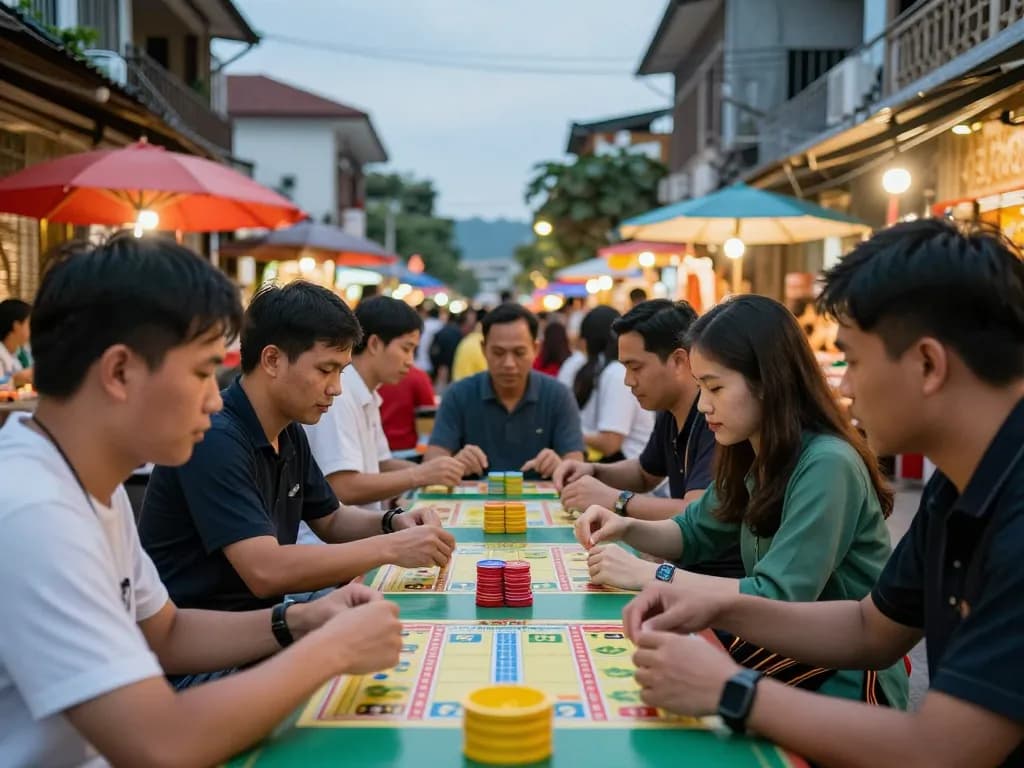 Xóc đĩa game creating excitement among players in a Vietnamese street setting, showcasing vibrant interactions.