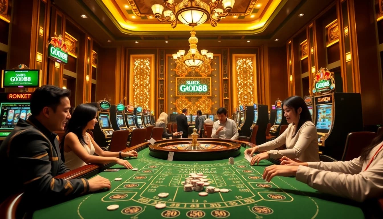Good88 online casino scene featuring vibrant poker tables and engaging players in action.