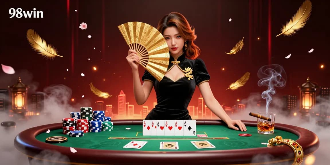 Join the excitement at 98win with a stunning casino illustration showcasing vibrant poker elements and a captivating character.