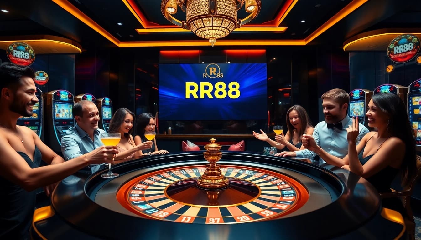 Experience the excitement of RR88 as players engage at a luxurious casino table with vibrant games.