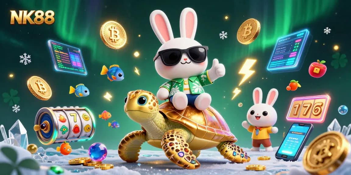 Engage in thrilling slots with NK88 featuring a lucky rabbit and golden turtle in vibrant 3D illustration.