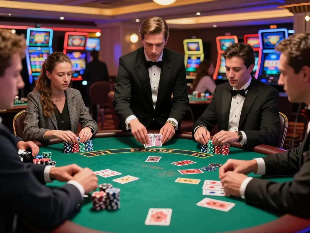 DOLA789 blackjack players strategically making bets at a vibrant casino table with a professional dealer.