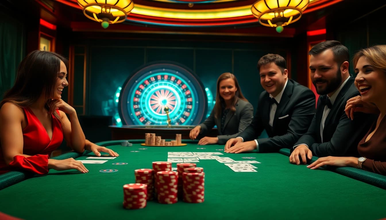 Players enjoying an exciting poker game at luck8, surrounded by vibrant chips and cards.