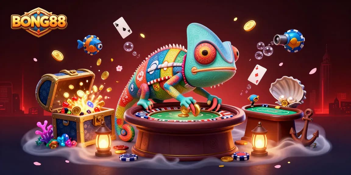 Engage with BONG88's vibrant casino scene featuring a chameleon owner capturing golden coins amidst lively game elements.