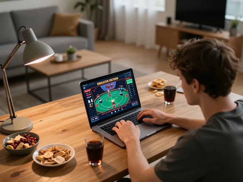 Join the excitement of daftar sungaitoto with strategic poker play at home, showcasing a modern gaming setup.