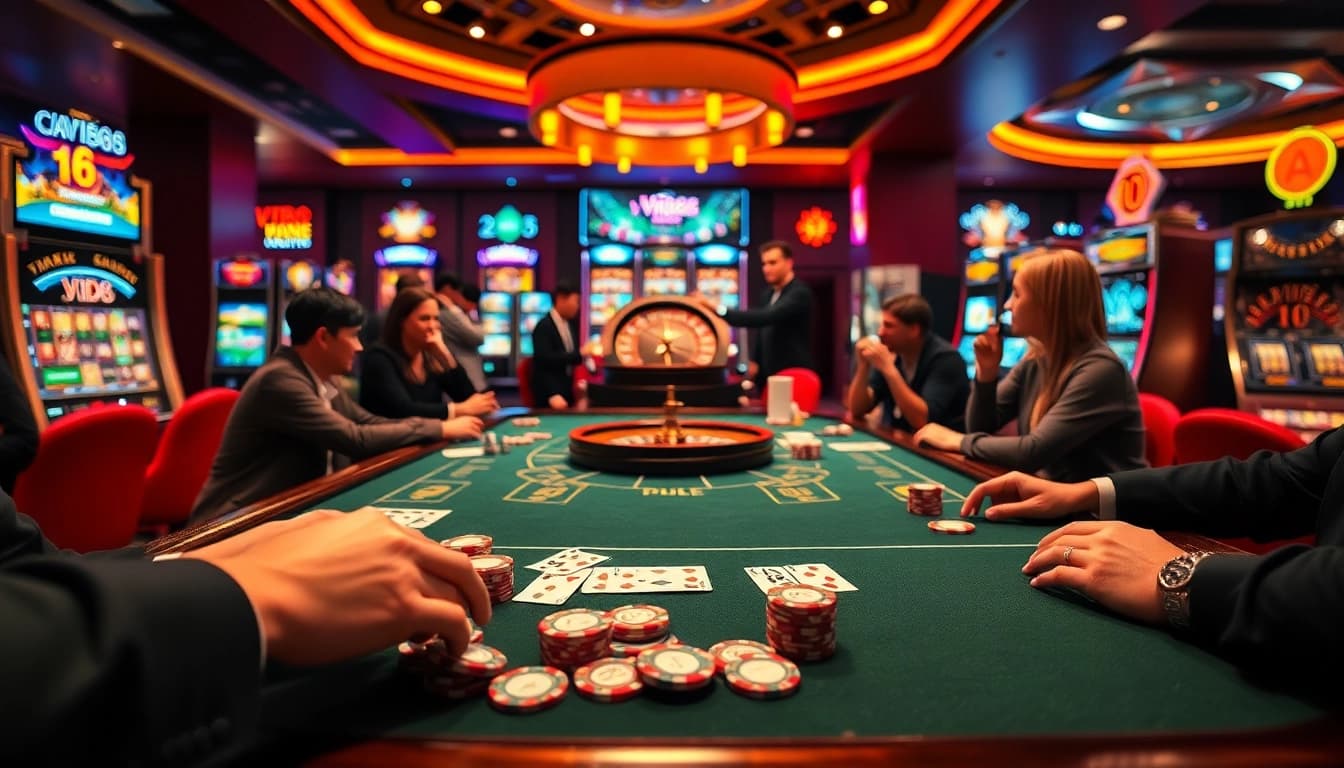 Players enjoying a game at the luxurious VIP88 casino table with vibrant slot machines and roulette.