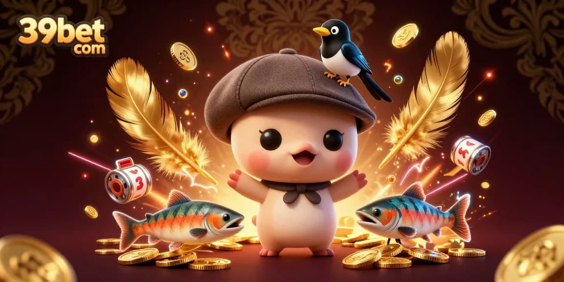 Join the fun at 39bet com with a playful Nessie and gold tokens in a vibrant casino scene.