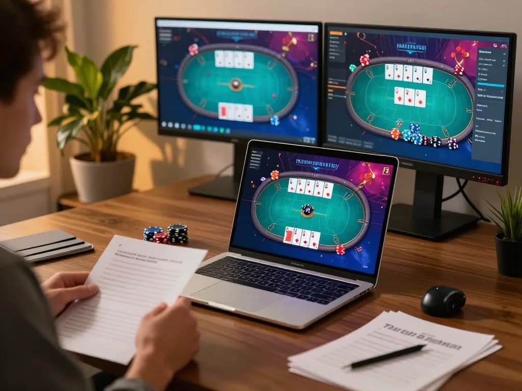 Twin68 poker gaming session on a laptop showcasing strategy notes and vibrant screen.