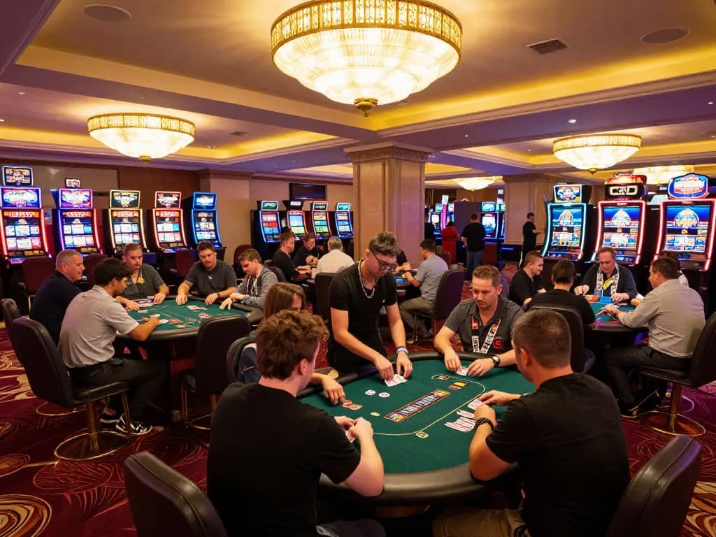 Players engaged in strategic poker at GK88's vibrant casino floor during an exciting game night.