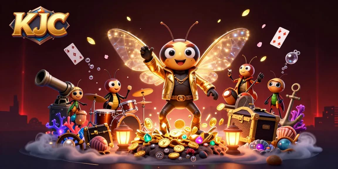 Experience the vibrancy of KJC's groundbreaking online casino with a dynamic scene full of gaming elements and lively characters.