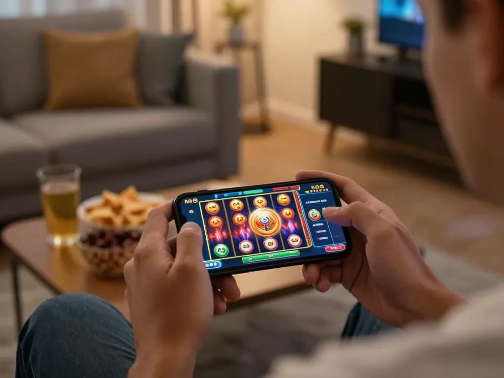Player engaging with exciting online slots on smartphone, experiencing Ok9 gaming entertainment at home.