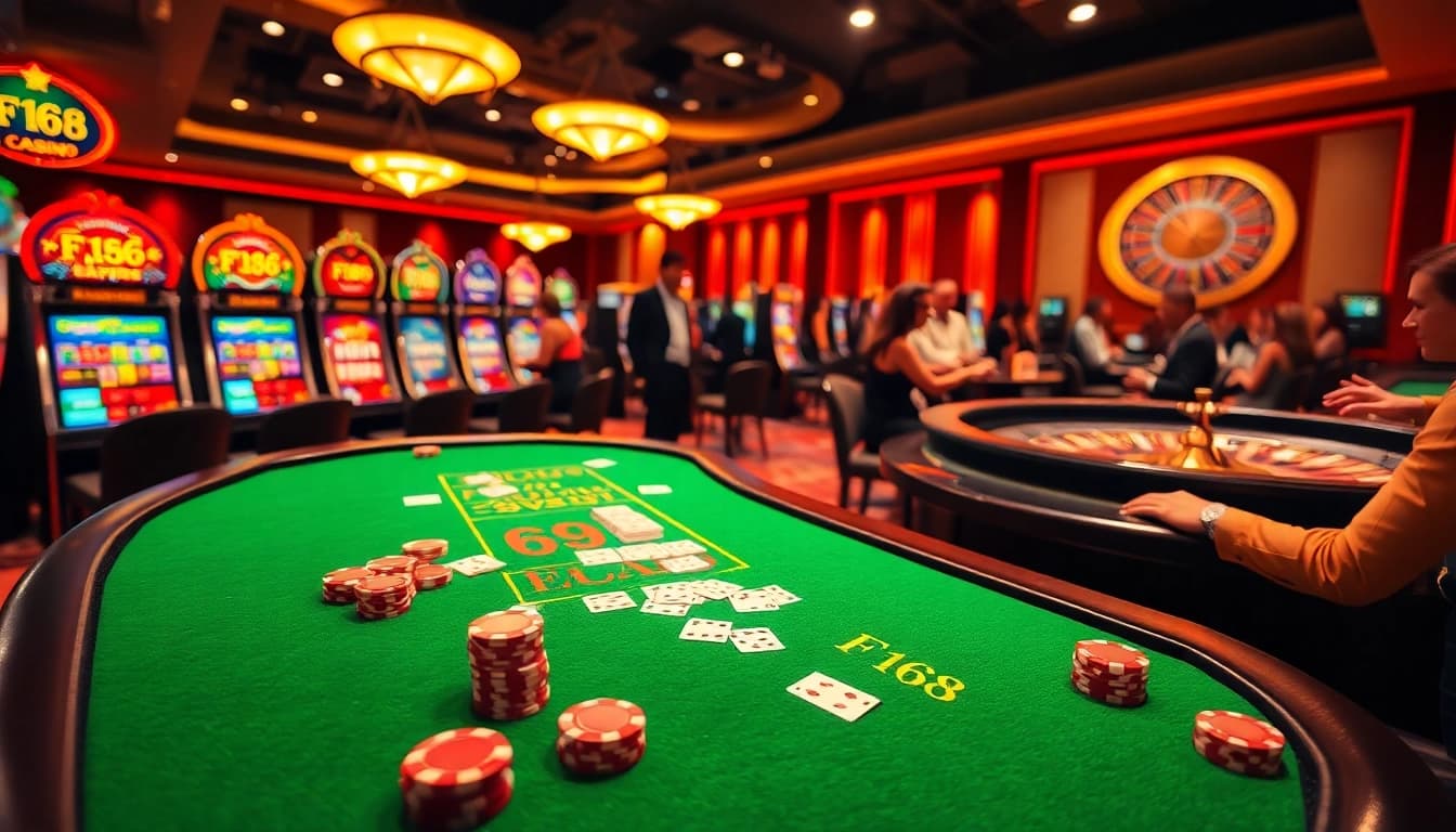 F168 casino scene featuring vibrant poker games, slot machines, and thrilling atmosphere.