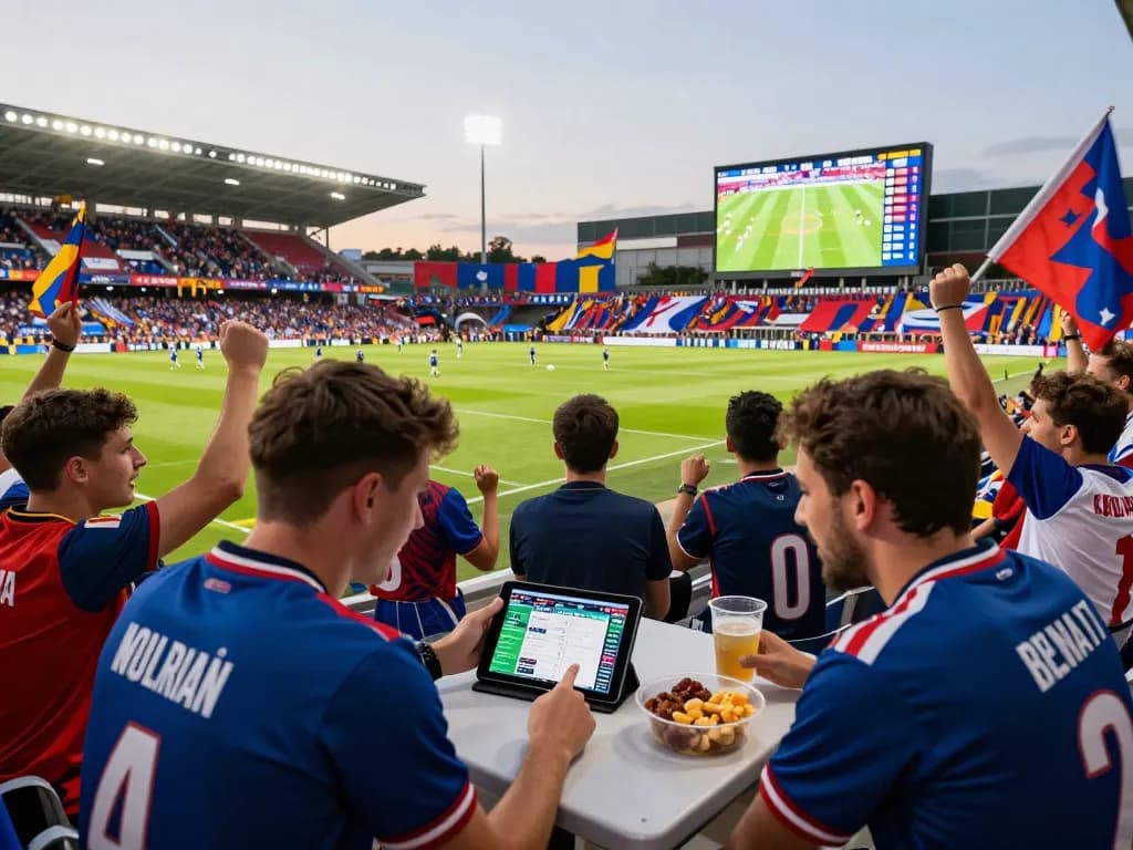 Engaged fans reviewing kèo nhà cái during a football match with live betting excitement.