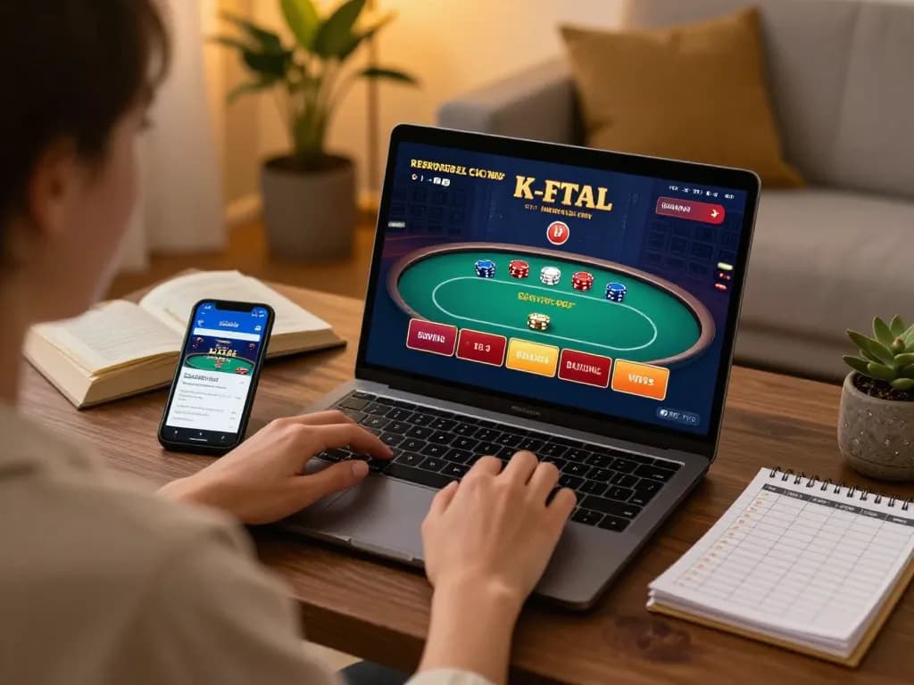 Engaged gambler using fly888x app on laptop and smartphone in cozy living room.
