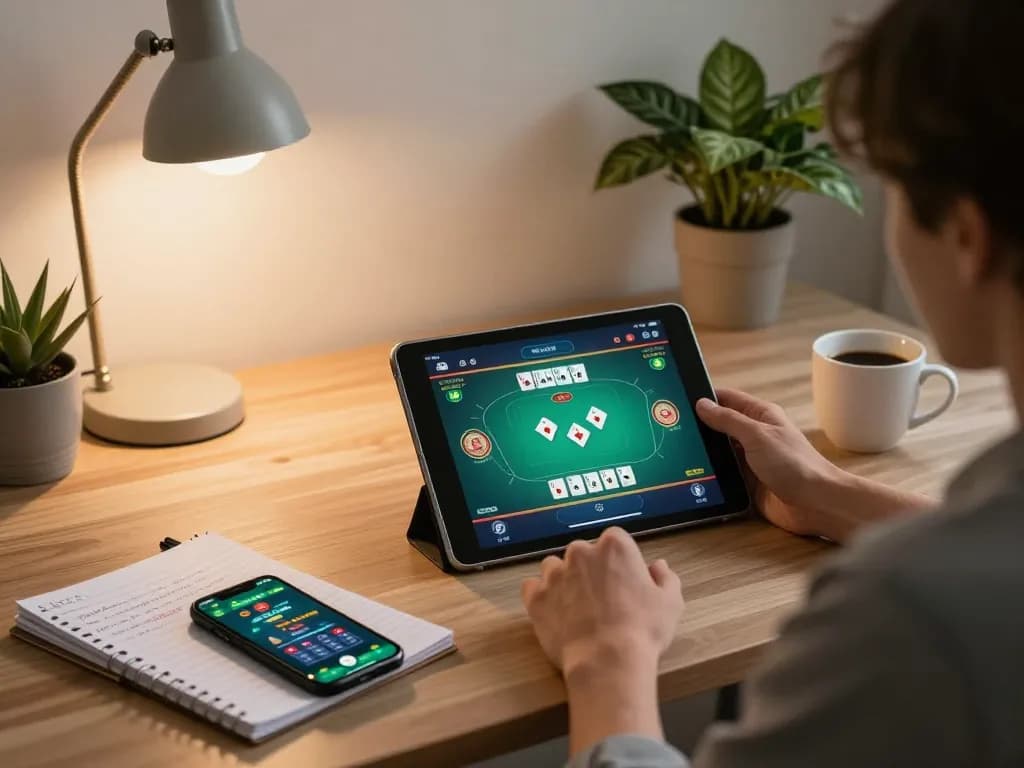 Engage in hay win at home while playing online poker on a tablet, with strategy notes on the side.
