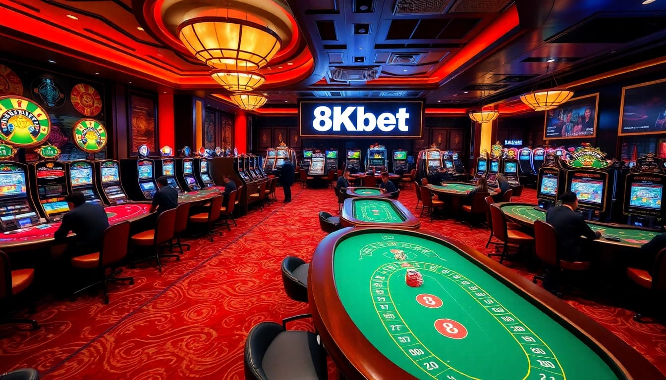 Players enjoying table games and slots at the luxurious 8kbet casino, capturing the excitement of gambling.