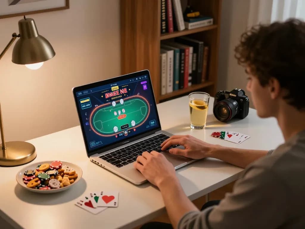 Enjoying online poker gameplay experience at home using https://rr88.wales/ with laptop and snacks in cozy setting.