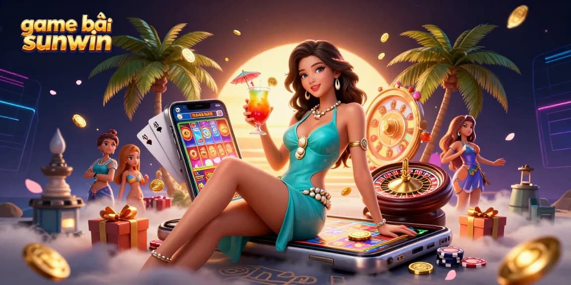 Engage in game bài sunwin featuring vibrant casino elements and a glamorous character surrounded by excitement.