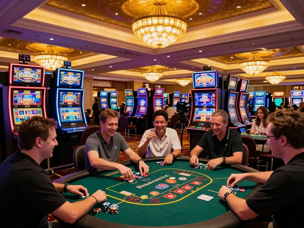 Players enjoying a thrilling evening at 888top casino, engaging in poker and slot games.