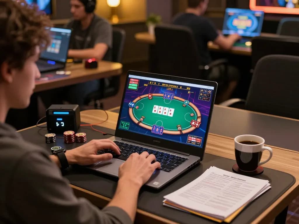 Player engaging with f8betz online poker game, showcasing a vibrant gaming interface and organized workspace