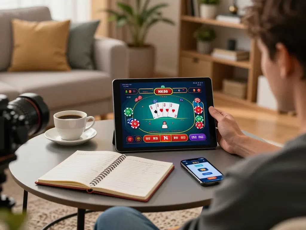 Engaging in online gaming on NK88 app, showcasing vibrant poker interface and strategic notes.