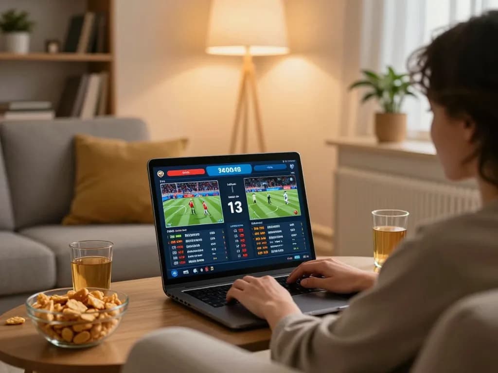 Engaging online sports betting setup on https://9bet.works/ showing user interacting with laptop.