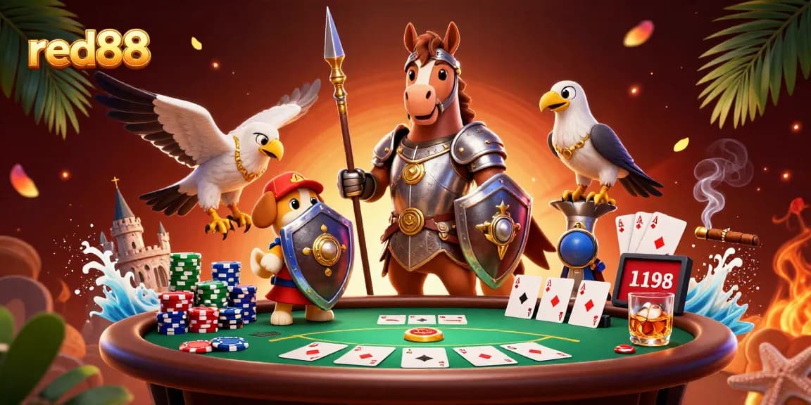 Experience thrilling poker action with red88, featuring a knight and puppy at a vibrant casino scene.