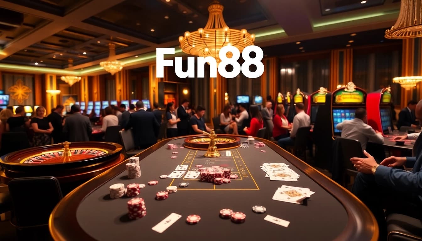 Experience the excitement of Fun88 with engaging poker chips, cards, and a luxurious casino scene.