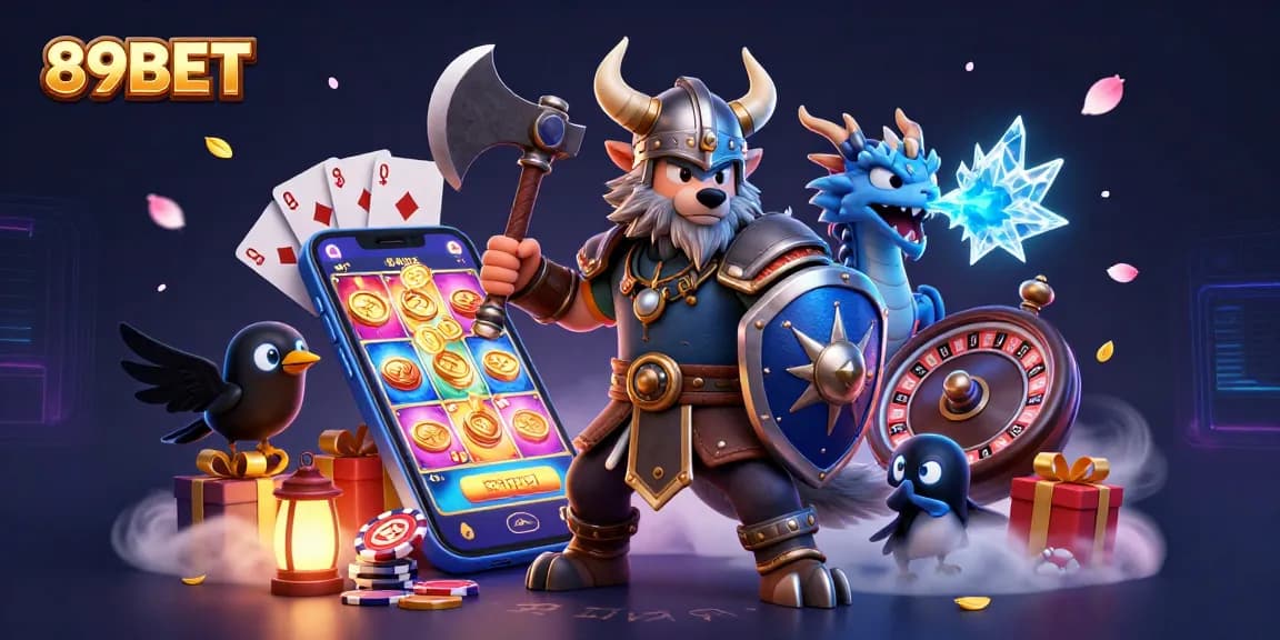Bet big at 89BET with exciting games featuring animated Viking warriors and vibrant casino elements.
