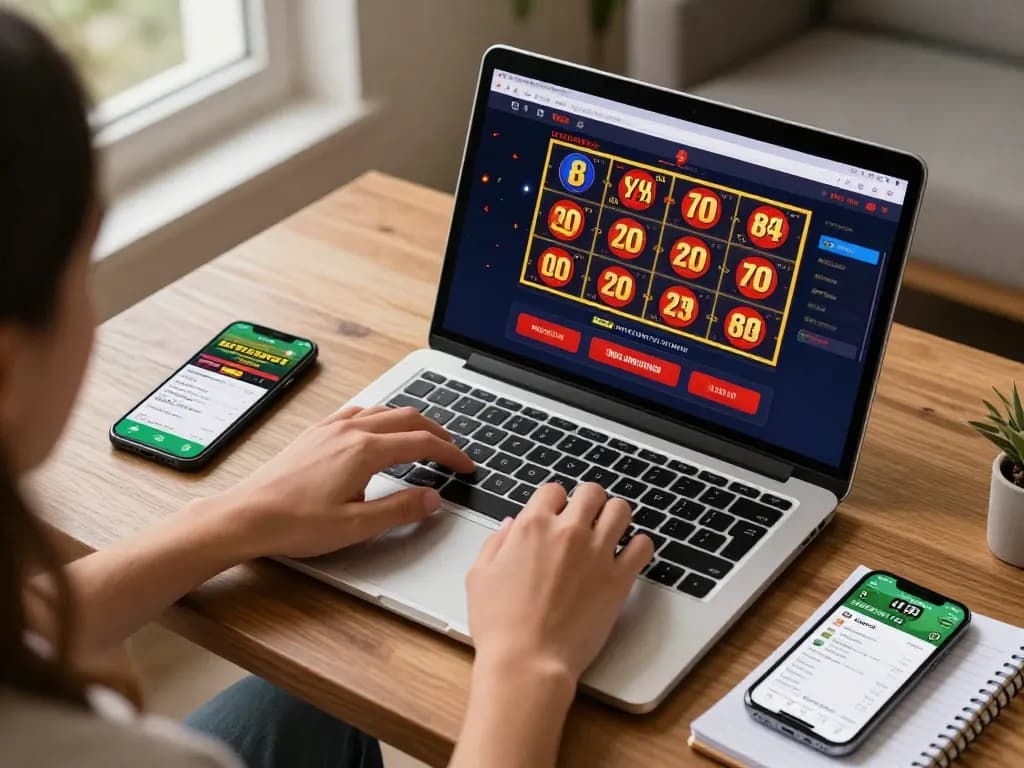 Engaging in online casino gameplay at https://nk88.actor/ with vibrant screens showing slots and poker, in a cozy home setup.