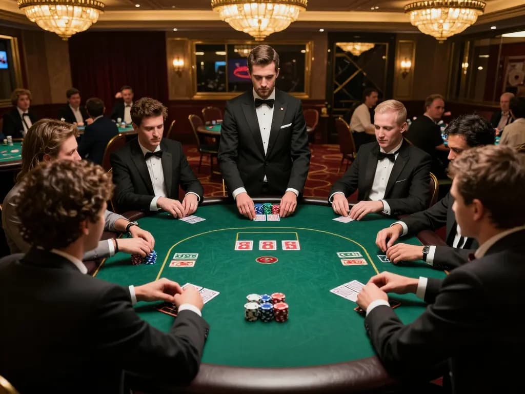 Max88 players engaged in an intense poker game with chips stacked high, showcasing strategic gameplay.