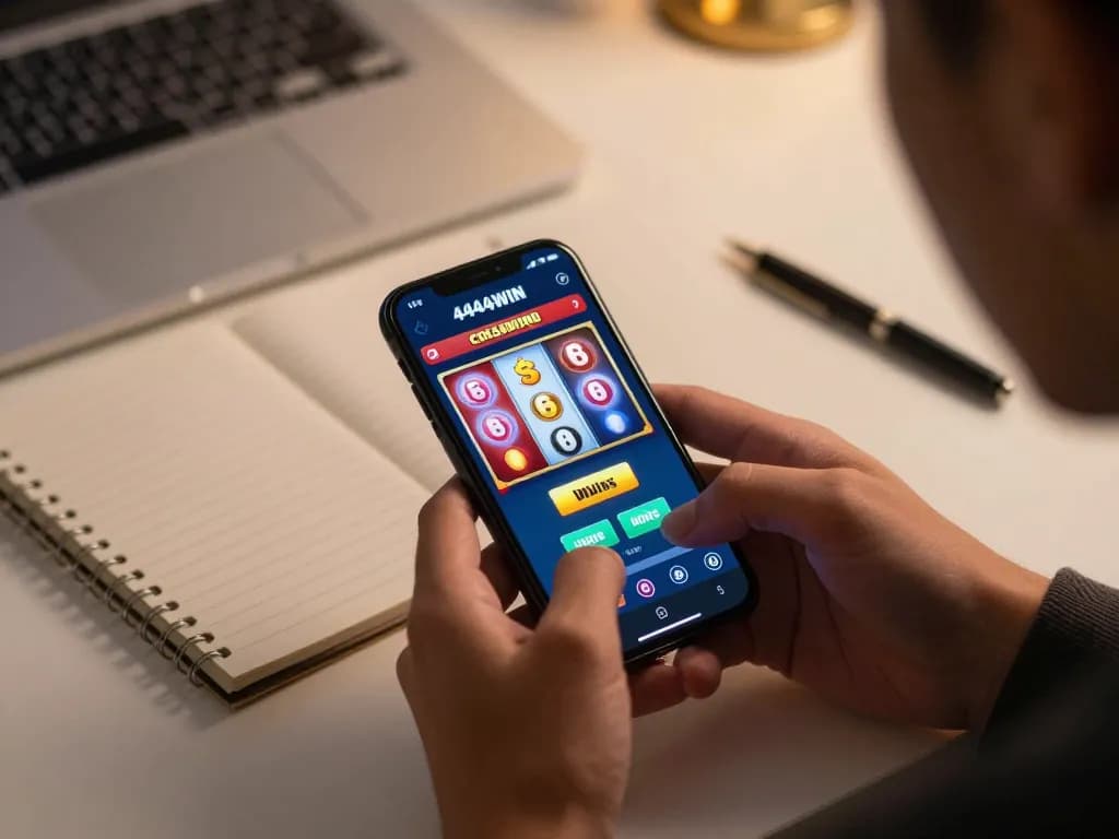 Player enjoying the 4444WIN casino app, spinning reels on a smartphone in a cozy gaming atmosphere.