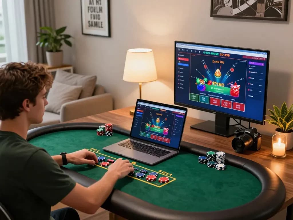 Player engaging with hitclub online blackjack at home, vibrant setup with chips and laptop.