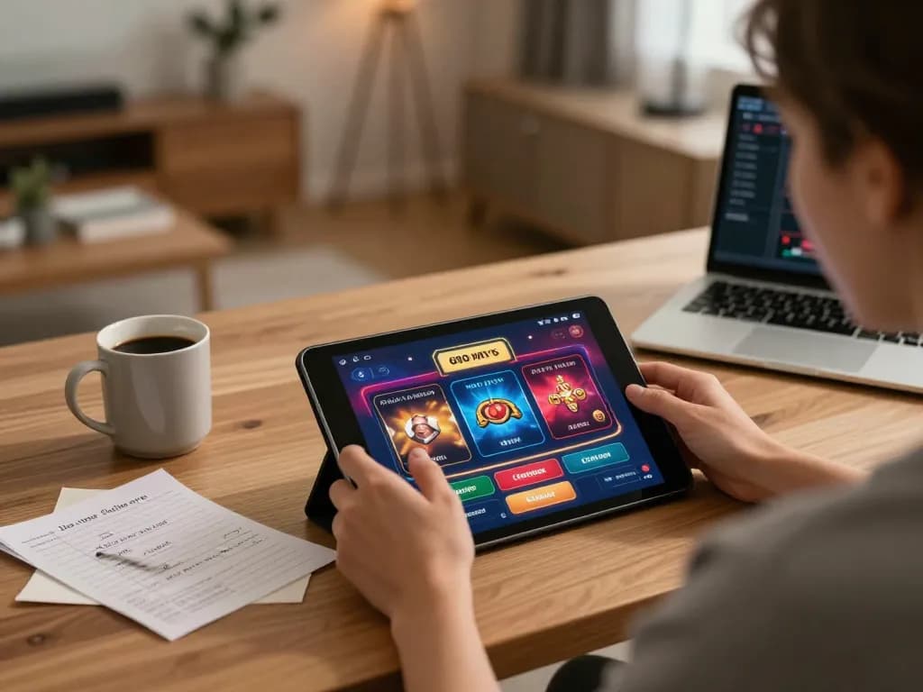 Engaged player using 69vn online casino app on tablet, surrounded by strategic betting notes.