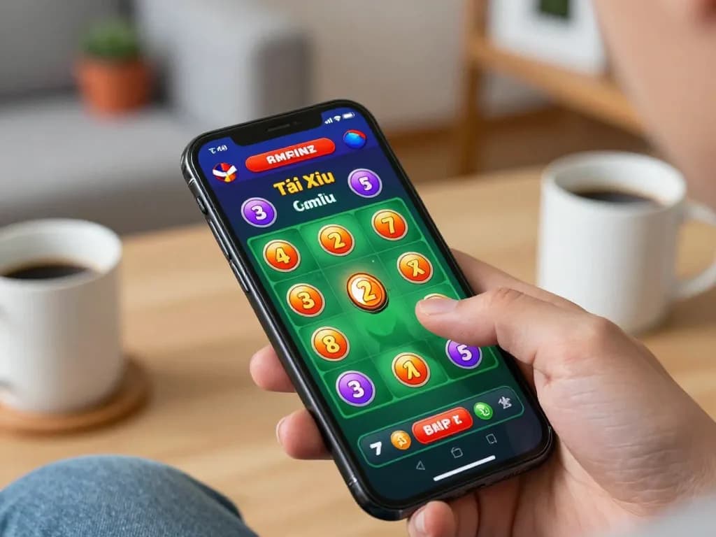 Tài Xỉu gameplay on smartphone shows user poised for betting in a cozy home setting.