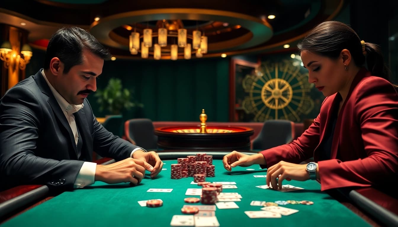 A high-stakes poker game table with professional players, representing nhà cái uy tín in a luxurious casino environment.