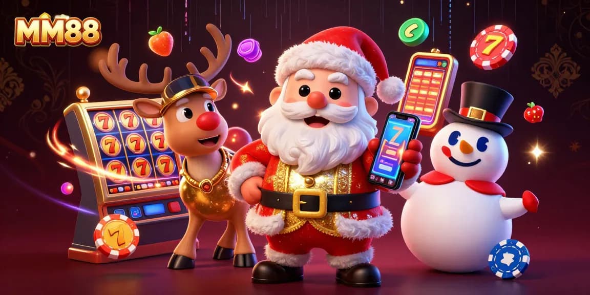 Experience exciting gameplay at MM88 with Santa and friends celebrating jackpot wins in a festive casino.
