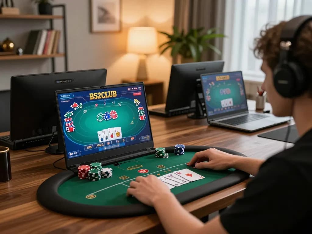 Engaging in an online poker game at B52CLUB with vibrant chips and cards in view