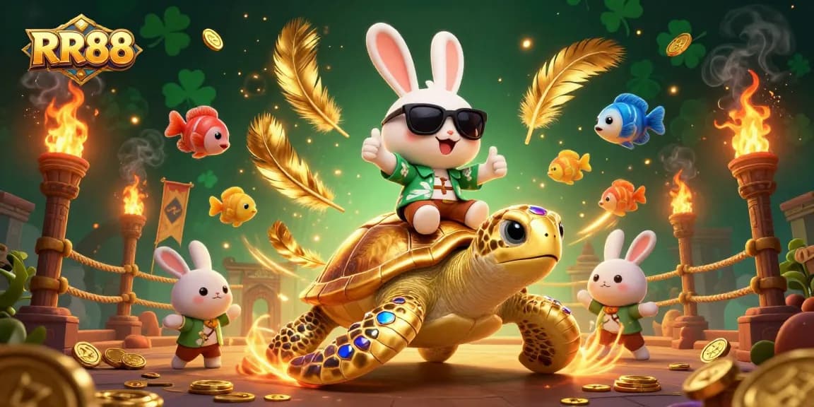 Engage with RR88's exciting casino world while enjoying a vivid scene of a lucky rabbit and sea turtle.