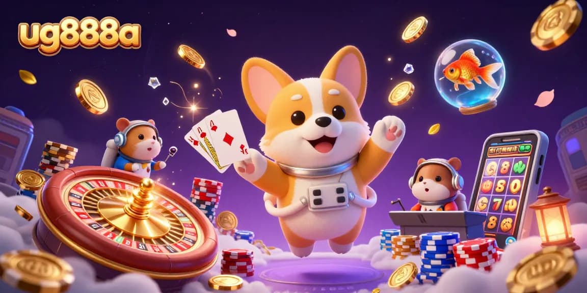 Experience exciting gameplay with ug888a as a cartoon astronaut corgi navigates a casino in space.