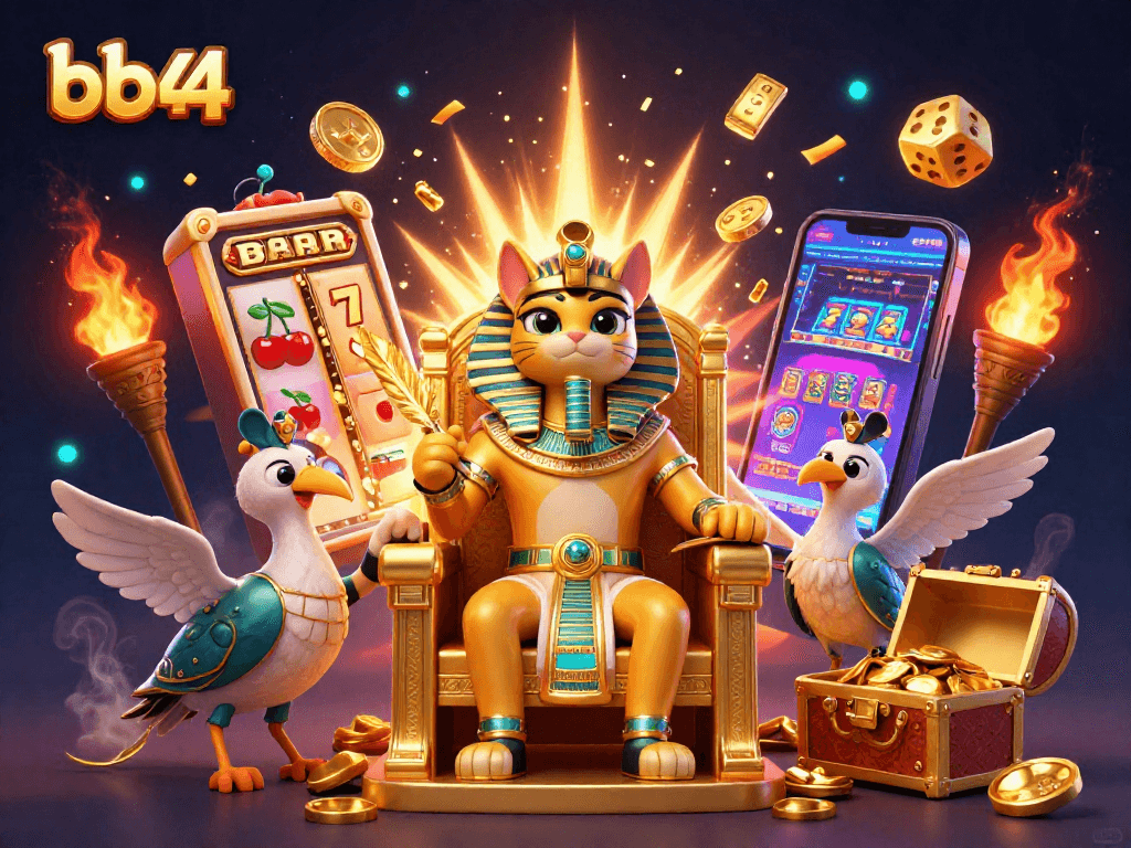 Experience thrilling gameplay at bb44 with a pharaoh cat and friends celebrating jackpot wins.