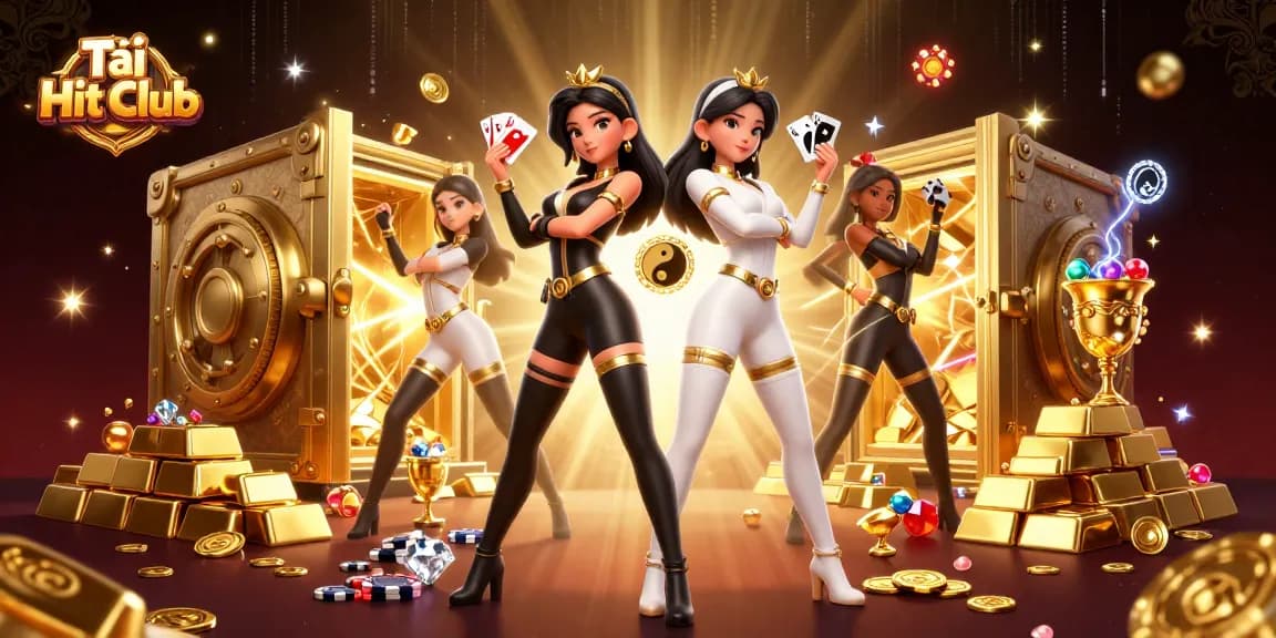 Tải Hit Club with stunning twin Asian women, golden accessories, and vibrant casino elements.