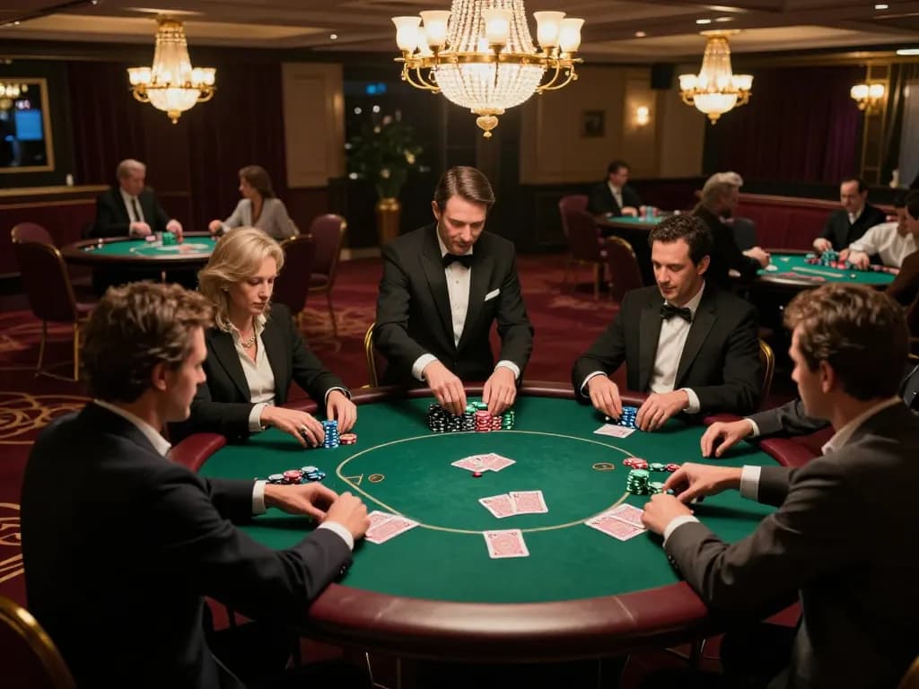Players at an MM88 poker table celebrate wins and strategize bets, showcasing a lively casino atmosphere.